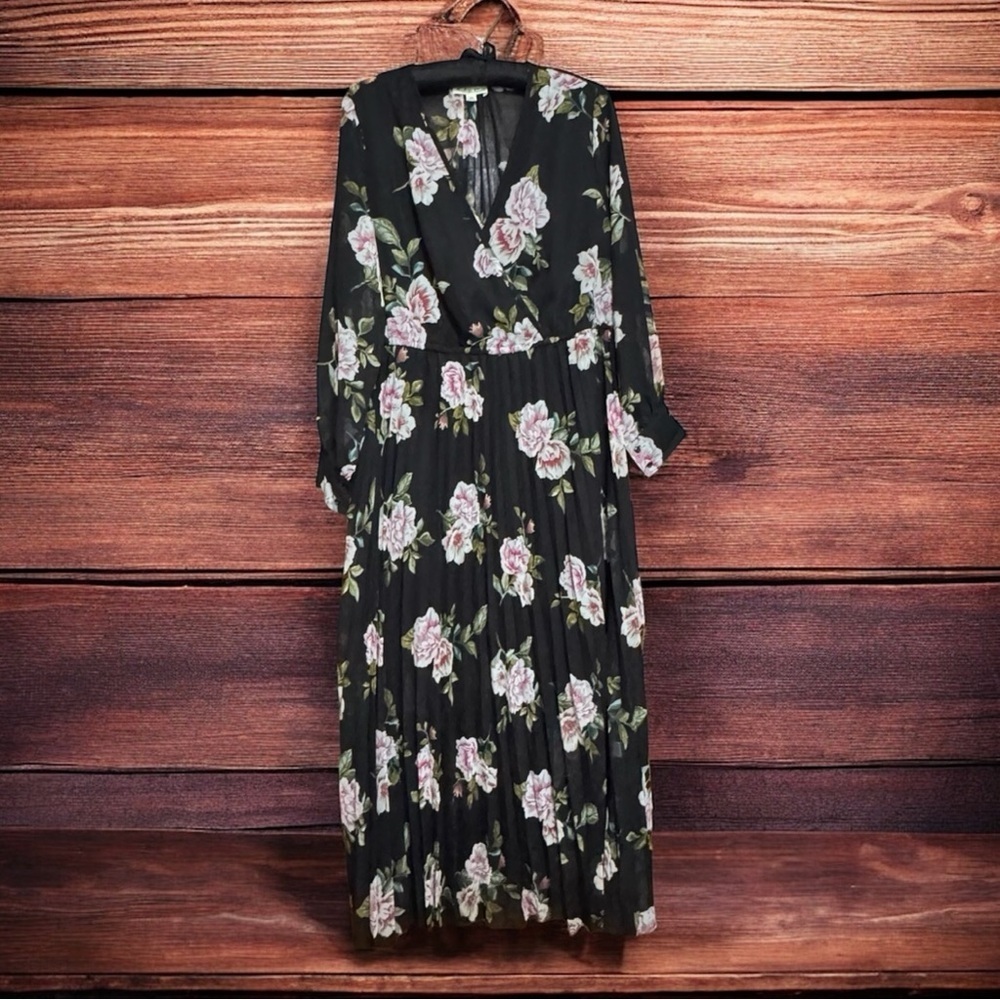 Black Sheer Floral Midi Dress with Pink Rose Print